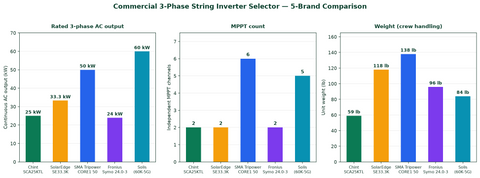 Commercial 3-phase string inverter selector — 5-brand comparison — PES Supply