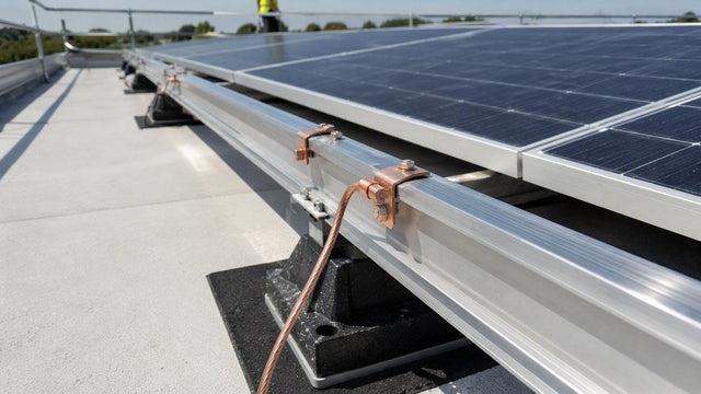 Arreglo solar comercial de techo plano con terminales de cobre uniendo los rieles de aluminio