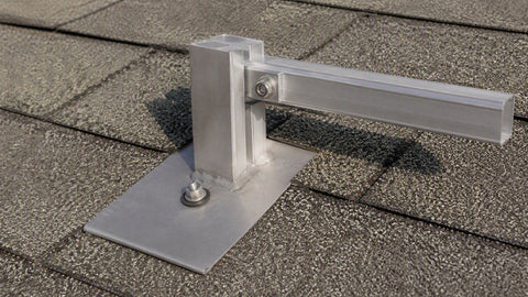 Quick Mount PV roof flashing and mounting foot on shingles — PES Supply brand guide