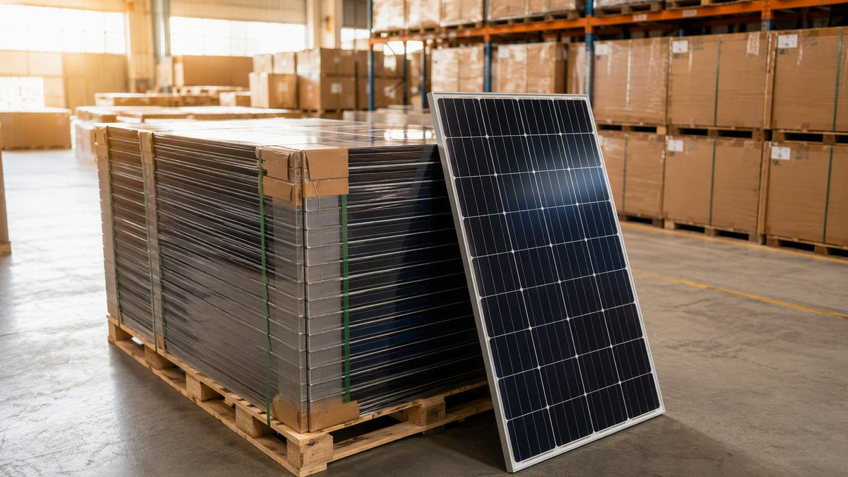 A pallet of new 440W solar panels in a bright distribution warehouse