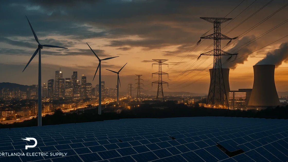 City skyline at sunset with solar panels, wind turbines, power lines, and a smokestack.