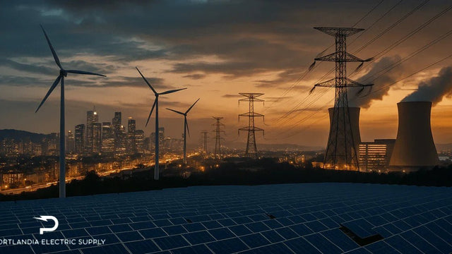 City skyline at sunset with solar panels, wind turbines, power lines, and a smokestack.