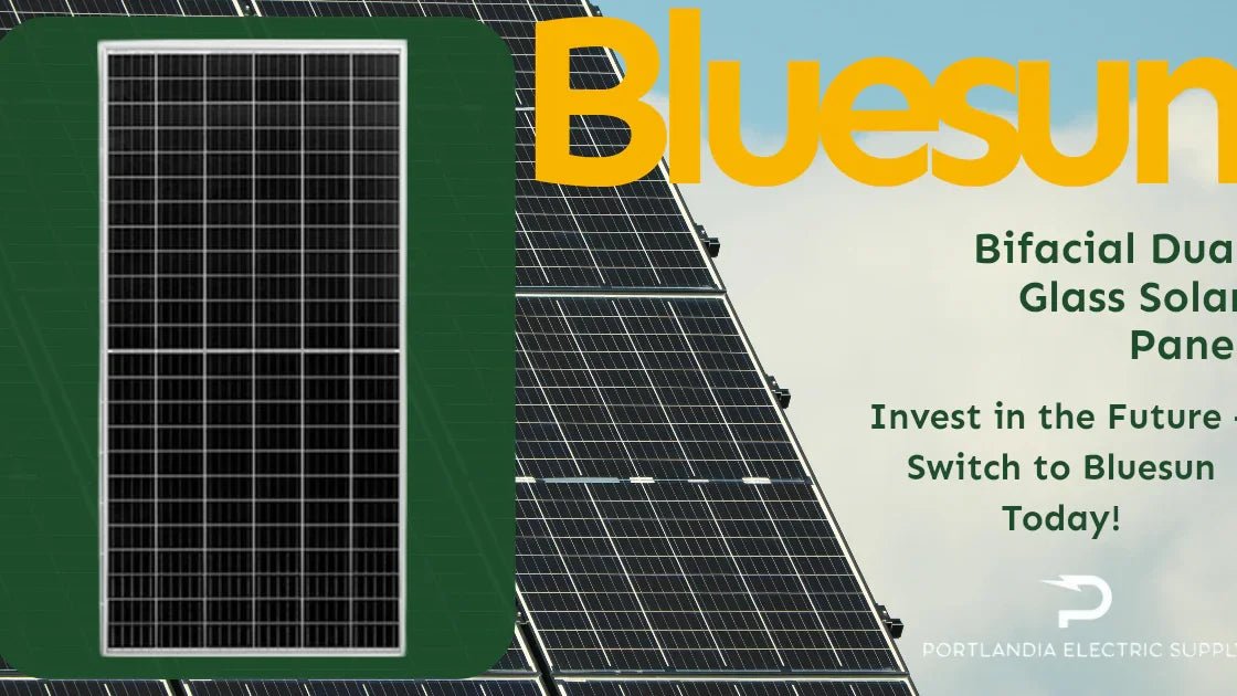 Bluesun bifacial dual glass solar panel with text promoting solar energy investment