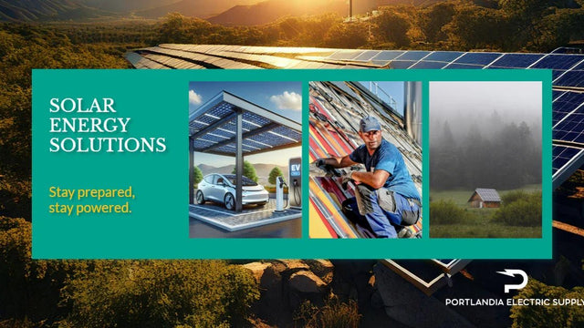 Solar energy solutions graphic with solar panels, EV charging, installer, and rural cabin, Portlandia Electric Supply
