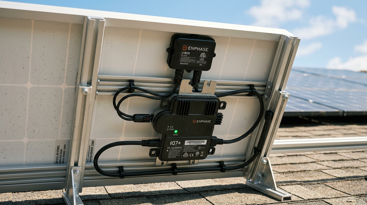 Yotta SolarLeaf SL-1000 microinverter with panel-level storage under a solar module