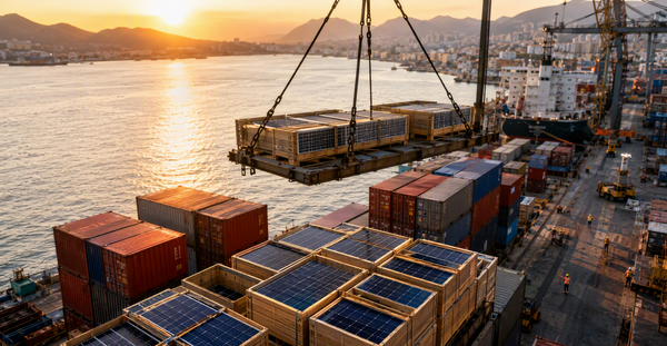Container port at golden hour with crane lifting crated solar panels over the dock