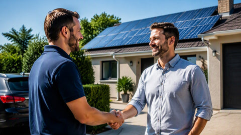 A friendly solar consultant shaking hands with a homeowner on a sunny driveway