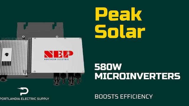 580W NEP microinverter product image, Peak Solar branding, Portlandia Electric Supply logo