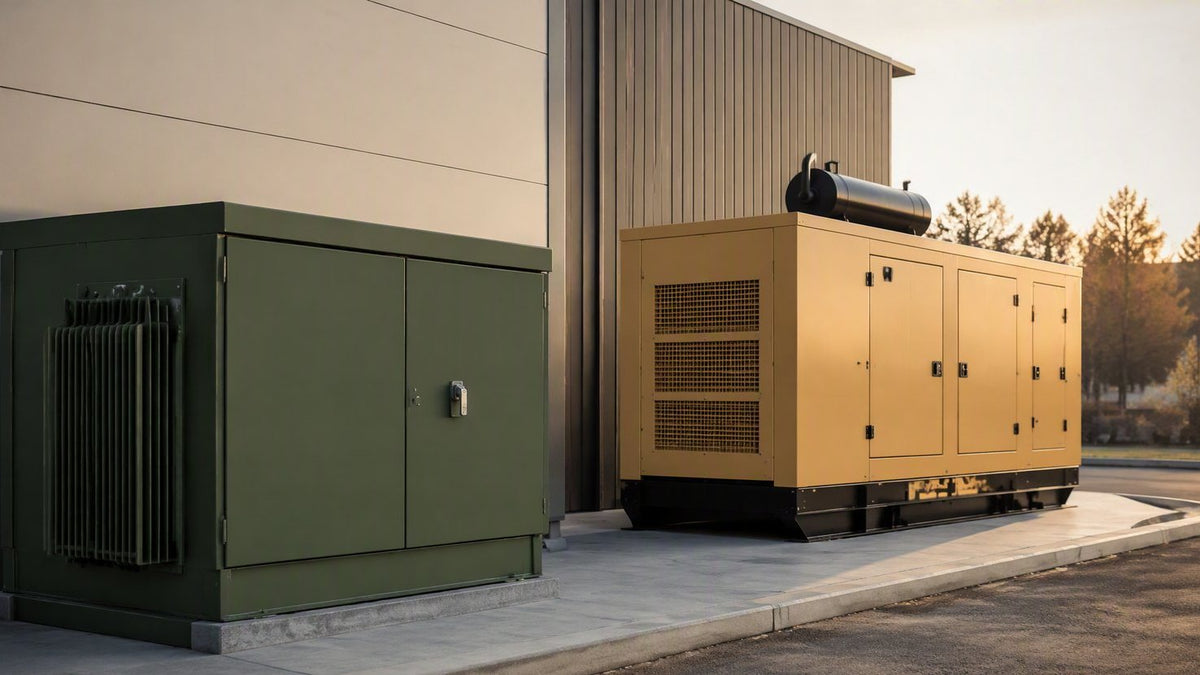 Pad-mount transformer and commercial standby generator on a concrete pad — kVA vs kW equipment sizing