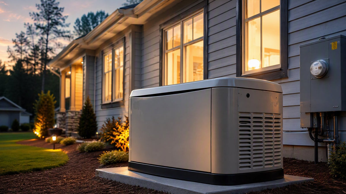 A 20kW residential standby generator on a pad beside a single-story home