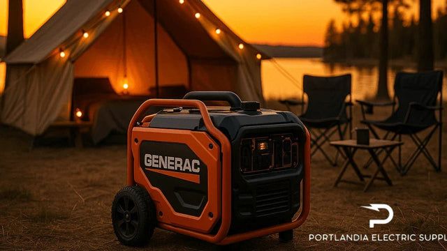 Generac portable generator at campsite with tent, chairs, and lake at sunset