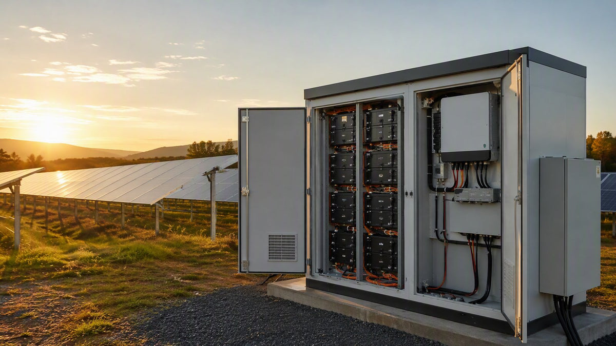 Energy storage battery unit at outdoor solar panel installation under blue sky