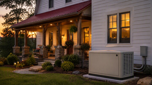 White farmhouse with red metal porch roof and lit windows at dusk, surrounded by trees.
