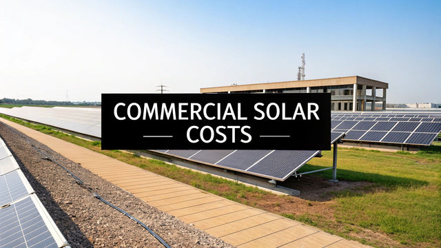 Commercial building with solar panels on green lawn, pathway, and clear sky, commercial solar costs