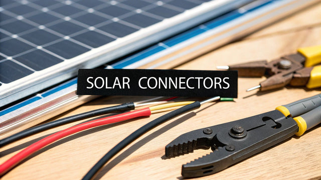Solar connectors, tools, and wires beside a solar panel on a wooden surface