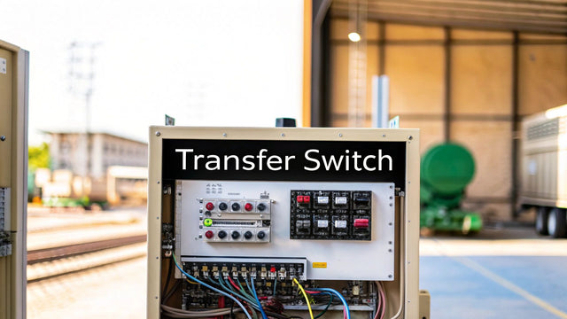 Industrial transfer switch panel with control buttons and wiring in an outdoor setting