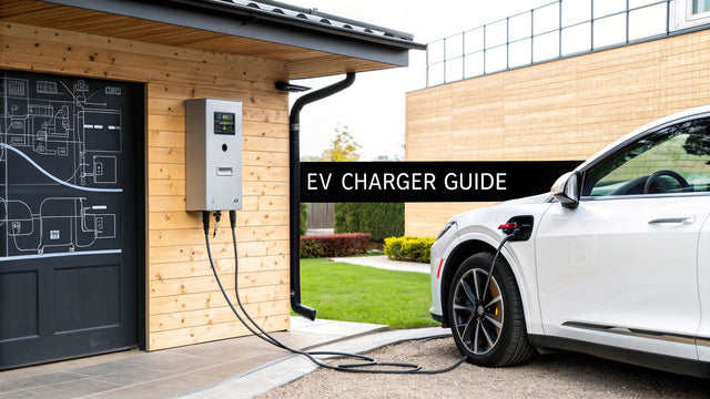 White electric vehicle charging at home wall-mounted EV charger with EV charger guide text
