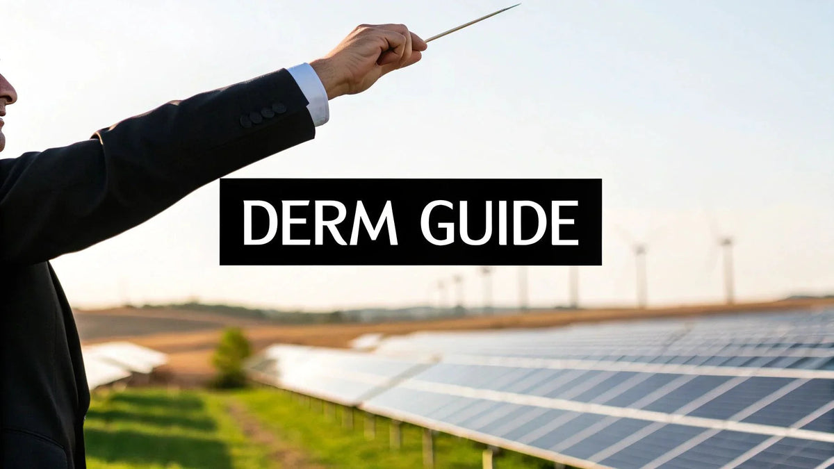 Man in suit conducting near solar panels and wind turbines with 'DERM GUIDE' text overlay