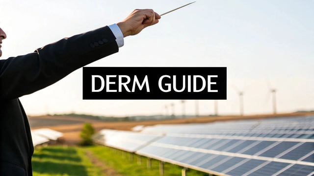 Man in suit conducting near solar panels and wind turbines with 'DERM GUIDE' text overlay