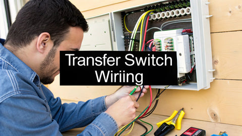 Electrician wiring a transfer switch in a wooden room, tools and wires visible