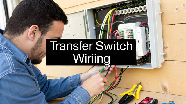 Electrician wiring a transfer switch in a wooden room, tools and wires visible