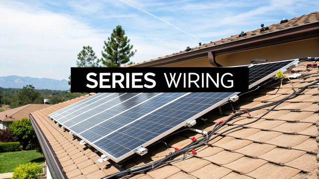 Solar panels on a house roof with series wiring, outdoor renewable energy installation