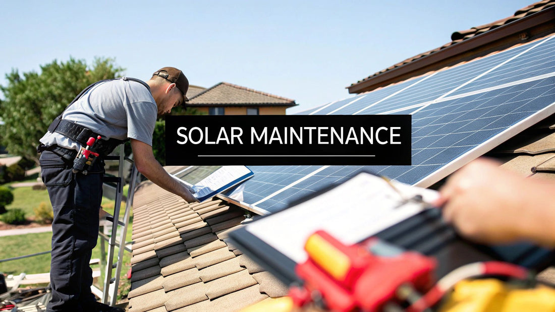 Technician inspecting rooftop solar panels for solar maintenance with clipboard and tools