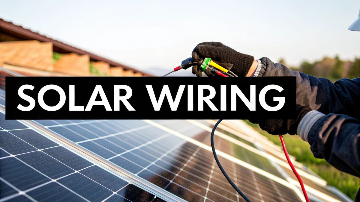 Solar panel wiring with MC4 connectors running from rooftop modules to a combiner