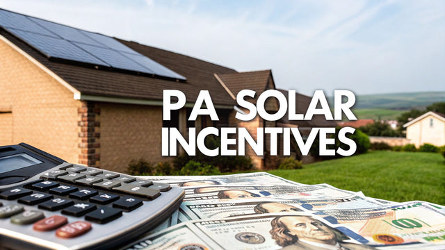 House with rooftop solar panels, calculator, cash, and 'PA solar incentives' text in yard