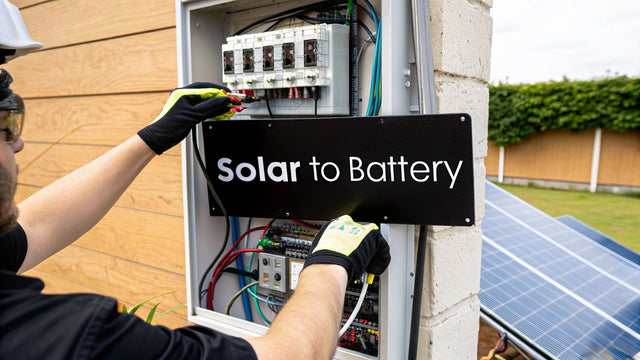 Technician wiring solar to battery system panel outdoors near solar panels
