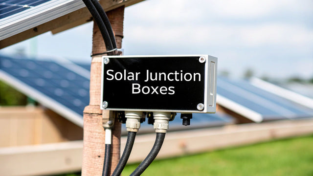 Solar junction box with cables near outdoor solar panels in sunlight
