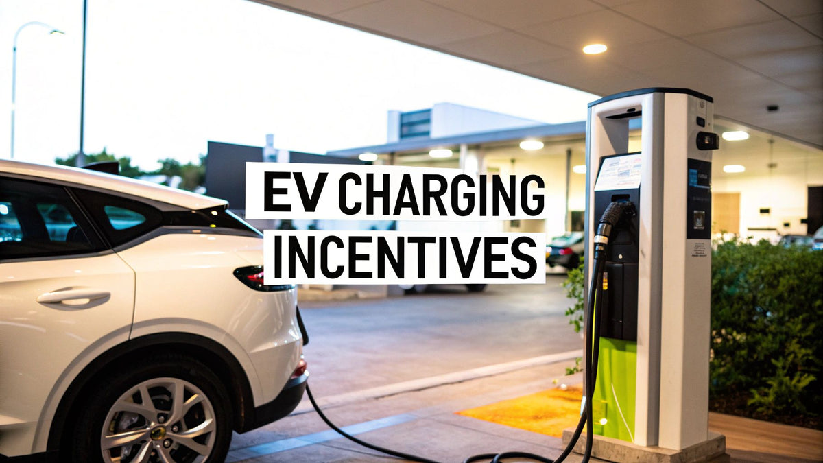 White electric vehicle at charging station with EV charging incentives text at modern facility