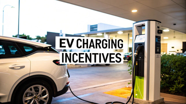 White electric vehicle at charging station with EV charging incentives text at modern facility