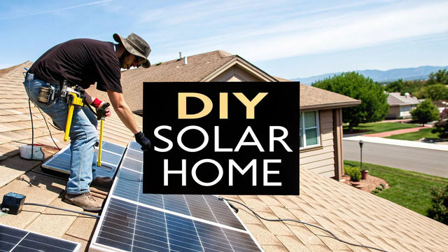 Man installing DIY solar panels on a house roof in a suburban neighborhood