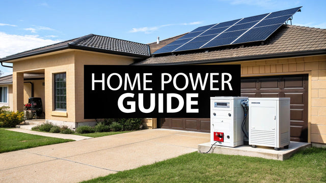 Modern home with solar panels, power equipment, and 'Home Power Guide' text overlay