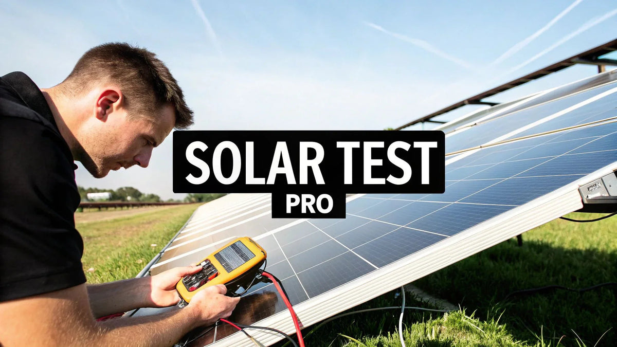 Technician testing outdoor solar panels with a multimeter under clear sky