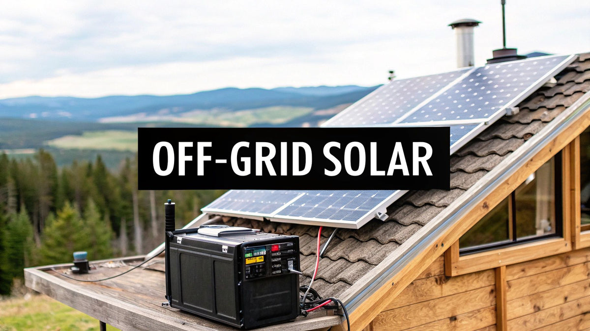 Off-grid solar panel system on cabin roof in remote mountain landscape