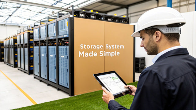 Engineer with tablet inspects data storage servers in modern facility, sign reads Storage System Made Simple.