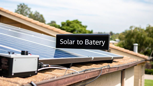 Solar panels on residential roof with 'Solar to Battery' sign, renewable energy system