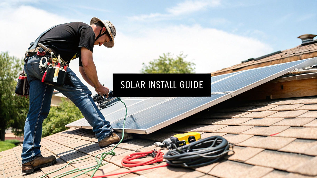Installers mounting solar panels onto rooftop racking during a residential install