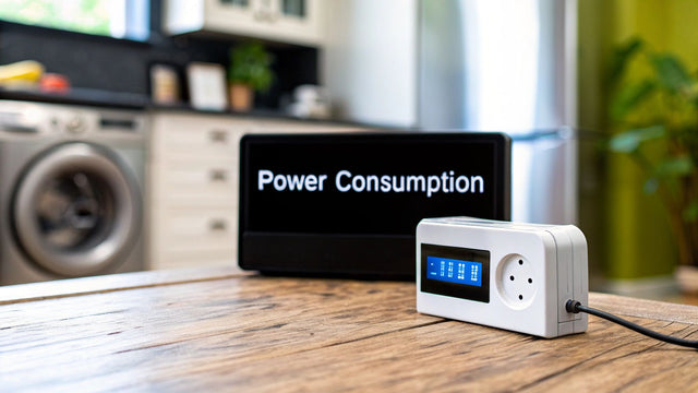 Smart power meter with digital display on kitchen table, sign reads 'Power Consumption'