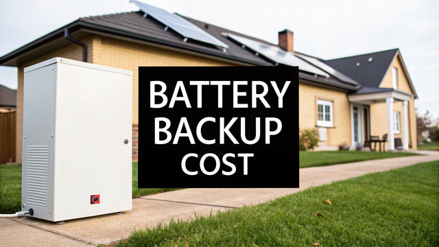 Home with solar panels and outdoor battery backup system, battery backup cost text overlay