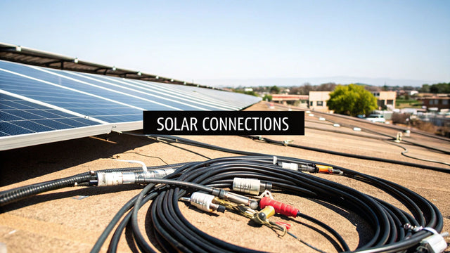 Solar panel installation with electrical cables on rooftop, labeled 'solar connections'.