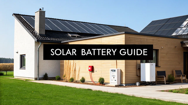 Modern house with solar panels and outdoor battery storage, Solar Battery Guide banner