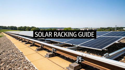 Ground-mounted solar panel racking system outdoors under clear sky with 'Solar Racking Guide' text.