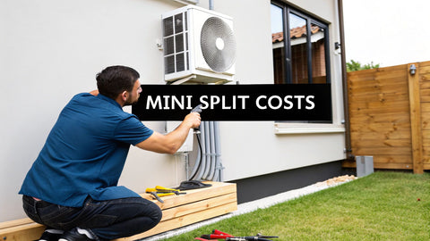 Technician installing outdoor mini split AC unit on house exterior labelled mini split costs