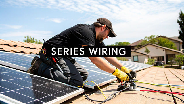 Technician wiring solar panels in series on a rooftop under blue sky in a residential area