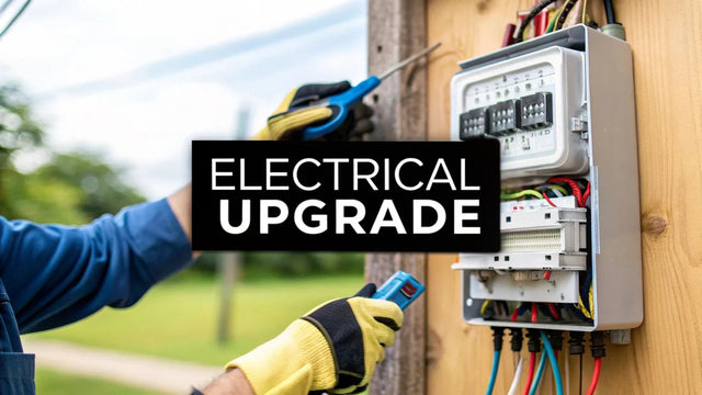 Electrician upgrading outdoor electrical panel with tools and wires, text 'Electrical Upgrade'
