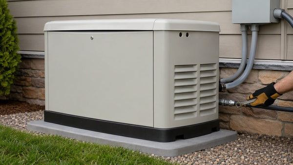 Air-cooled home standby generator on a composite pad with electrician connecting the fuel line