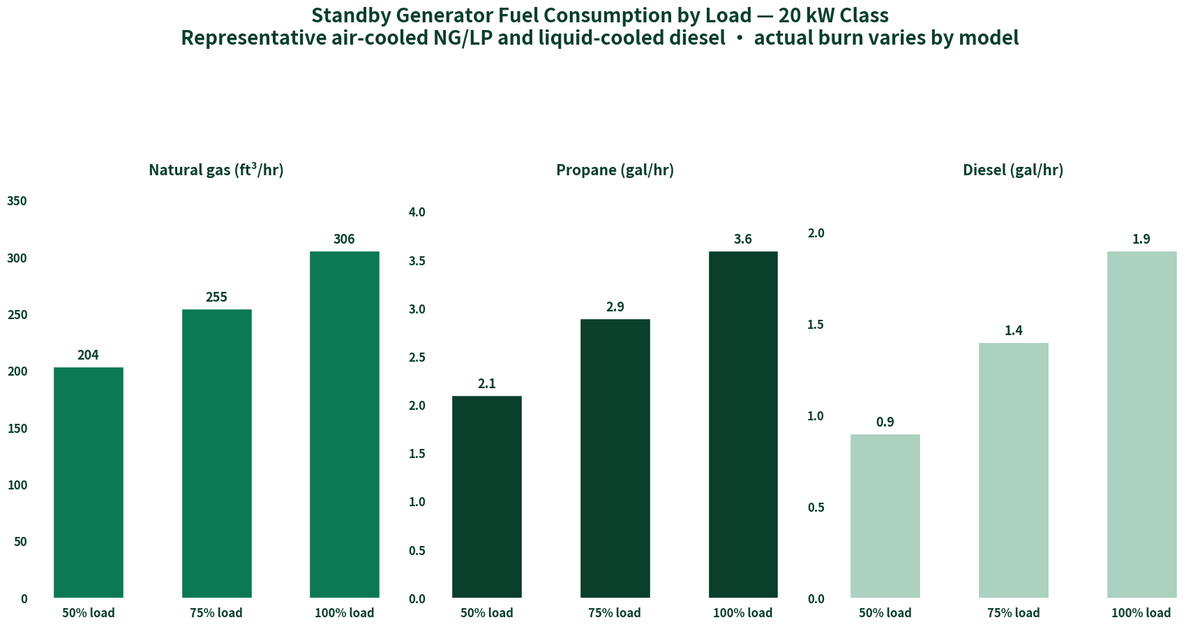Bar charts: 20 kW standby generator fuel consumption at 50, 75 and 100 percent load for natural gas, propane and diesel